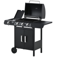 Outsunny Gas Burner Barbecue Grill with 3+1 Burner, Garden BBQ Trolley with Side Burner, Warming Rack, Side Shelves, Storage Cabinet, Piezo Ignition, Thermometer, 110x50x100cm