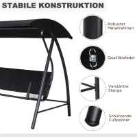Outsunny Hollywoodschaukel 3-Sitzer aus Polyrattan Gartenschaukel mit verstellbar Sonnendach Sonnenschutz Sitzkissen Hängebank bis 360 kg belastbar Hängeschaukel für Garten 198x124x179cm Schwarz(m-6)
