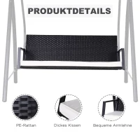 Outsunny Hollywoodschaukel 3-Sitzer aus Polyrattan Gartenschaukel mit verstellbar Sonnendach Sonnenschutz Sitzkissen Hängebank bis 360 kg belastbar Hängeschaukel für Garten 198x124x179cm Schwarz(m-7)