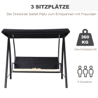 Outsunny Hollywoodschaukel 3-Sitzer aus Polyrattan Gartenschaukel mit verstellbar Sonnendach Sonnenschutz Sitzkissen Hängebank bis 360 kg belastbar Hängeschaukel für Garten 198x124x179cm Schwarz(m-5)