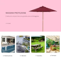 Outsunny Ombrellone da Giardino Rotondo, in Legno e Poliestere con Apertura a Corda, 2.5x2.3 m, Bordeaux(m-6)