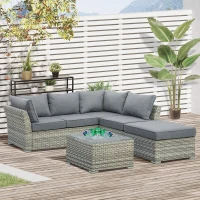 Outsunny 5-Seater Patio PE Rattan Corner Sofa Set, Outdoor Wicker Sectional Conversation Aluminum Frame Furniture Set w/ Padded Cushion, Tea Table with Ice Bucket, Light Grey(m-1)