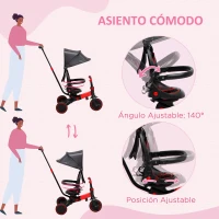 AIYAPLAY 3 en 1 Triciclo Evolutivo para +18 Meses con Capota Plegable y Mango Telescópico Desmontable 96,5x49x101cm Rojo(m-9)