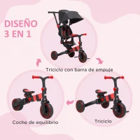 AIYAPLAY 3 en 1 Triciclo Evolutivo para +18 Meses con Capota Plegable y Mango Telescópico Desmontable 96,5x49x101cm Rojo(m-4)
