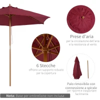 Outsunny Ombrellone da Giardino Rotondo, in Legno e Poliestere con Apertura a Corda, 2.5x2.3 m, Bordeaux(m-5)