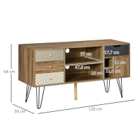 HOMCOM Mueble de TV Estilo Boho con Estantes 4 Cajones y Patas de Metal Mesa para TV de hasta 50'' 120x39x64 cm Marrón(m-3)