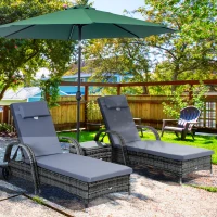 Outsunny 3 Pieces Rattan Sun Loungers, Garden Wicker Wheeling Recliner , PE Rattan Lounge Chairs w/ Cushions & Side Coffee Table Grey(m-2)