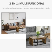 HOMCOM Juego de 2 Mesas de Centro Mesitas de Café con Patas de Metal Estilo Industrial para Salón Comedor Sala de Estar 90x48x42 cm y 59x42x36 cm Marrón Rústico(m-6)