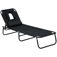 Outsunny Sun Lounger Foldable Reclining Chair with Pillow and Reading Hole Garden Beach Outdoor Recliner Adjustable Black(m-1)