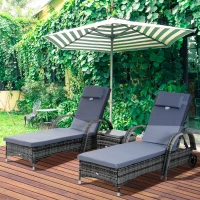 Outsunny 3 Pieces Rattan Sun Loungers, Garden Wicker Wheeling Recliner , PE Rattan Lounge Chairs w/ Cushions & Side Coffee Table Grey(m-12)