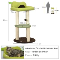 PawHut Árvore Arranhador para Gatos com Cama em Forma de Abacate Plataforma Postes de Sisal e Bola Suspensa Ø44x83cm Verde(m-3)