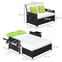 Outsunny Rattan 2-Seater Sofa Sun Lounger Bed-Black(m-3)