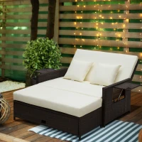 Outsunny 2-Seater Day Bed 8mm Rattan Cube Garden Furniture with Drink Trays 8cm thick Seat for Patio Conservatory Brown(m-12)