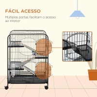 PawHut Gaiola para Roedores com Rodas 2 Portas 3 Plataformas Bandeja Amovível Comedouro e Bebedouro 64x43,5x93cm Preto(m-7)