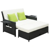 Outsunny Rattan 2-Seater Sofa Sun Lounger Bed-Black(m-1)