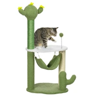 PawHut Árvore Arranhador para Gatos com Forma de Cacto com Rede Plataforma Postes de Sisal e Bola Divertida 45x45x90cm Verde(m-9)