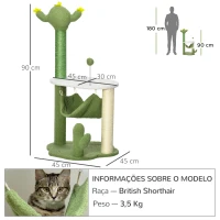 PawHut Árvore Arranhador para Gatos com Forma de Cacto com Rede Plataforma Postes de Sisal e Bola Divertida 45x45x90cm Verde(m-3)