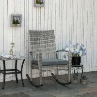 Outsunny Rattan Rocking Chair Rocker Garden Furniture Seater Patio Bistro Relaxer Outdoor Wicker Weave with Cushion - Light Grey(m-2)