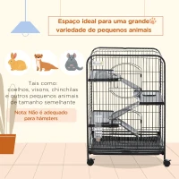 PawHut Gaiola para Roedores com Rodas 2 Portas 3 Plataformas Bandeja Amovível Comedouro e Bebedouro 64x43,5x93cm Preto(m-4)