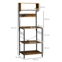 HOMCOM Estante de Cozinha Móvel Auxiliar de Cozinha com Ficha 2 Carregadores USB Ganchos e Prateleira Ajustável 60x42x153 cm Marrom Rústico(m-3)