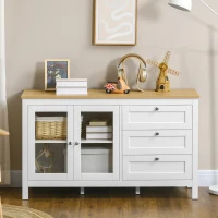 HOMCOM Aparador para Sala de Estar com 2 Portas de Vidro 3 Gavetas e Prateleira Ajustável para Cozinha Sala de Jantar 120x40x70 cm Branco e Madeira(m-7)