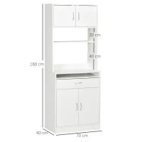 HOMCOM Armário de Cozinha com 4 Portas Bandeja Amovível Prateleira Ajustável Gaveta e Bancada para Micro-Ondas 70x40x180 cm Branco(m-3)