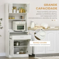 HOMCOM Armário de Cozinha com 4 Portas Bandeja Amovível Prateleira Ajustável Gaveta e Bancada para Micro-Ondas 70x40x180 cm Branco(m-4)