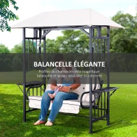 Outsunny Balancelle de Jardin 2 Places Style Colonial Grand Confort Matelas + tablettes Supports métal époxy Gris foncé Polyester Gris Clair(m-7)