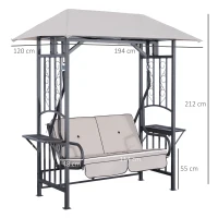 Outsunny Balancelle de Jardin 2 Places Style Colonial Grand Confort Matelas + tablettes Supports métal époxy Gris foncé Polyester Gris Clair(m-3)