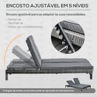 Outsunny Conjunto de Espreguiçadeiras Exterior de Vime 2 Lugares com Almofadas Acolchoadas Resistente à Água com Encosto Ajustável em 5 Níveis Suporta 220kg 196x120x28cm Cinza(m-5)