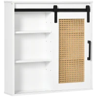 kleankin Meuble de rangement salle de bain porte coulissante à galandage façade aspect cannage PP 4 étagères réglables(m-1)