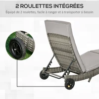 Outsunny Bain de soleil transat grand confort - dossier inclinable 5 positions roulettes - matelas déhoussable inclus - résine tressée grise(m-4)