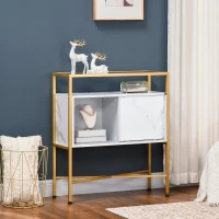 HOMCOM Mobile per Soggiorno, Cucina o Ingresso con Piano in Vetro e Ripiano Aperto in MDF, 80x30x90 cm, Bianco e Oro(m-2)