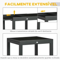 Outsunny Mesa de Jardim Extensível de Alumínio com Bancada de Vidro Temperado 160x80x75 cm Preto(m-5)