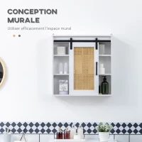 kleankin Meuble de rangement salle de bain porte coulissante à galandage façade aspect cannage PP 4 étagères réglables(m-4)