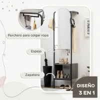 HOMCOM Perchero de Pared con Zapatero y Espejo Mueble de Recibidor con Barra para Colgar y 2 Ganchos 44x40x176 cm Negro(m-4)