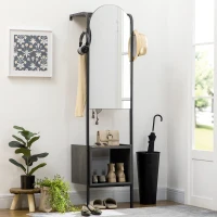 HOMCOM Perchero de Pared con Zapatero y Espejo Mueble de Recibidor con Barra para Colgar y 2 Ganchos 44x40x176 cm Negro(m-2)