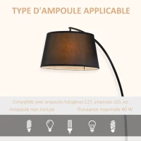 HOMCOM Lampe lampadaire à arc salon courbée - Lampe arceau moderne en métal - Lampadaire sur pied métal lin noir(m-6)
