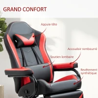 HOMCOM Fauteuil Gaming fauteuil de relax inclinable pivotant avec Repose-Pied rétractable - Coussins lombaires, tétière Inclus - revêtement synthétique Rouge Noir(m-5)