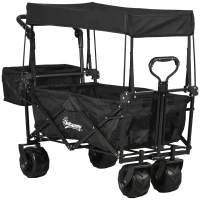 Outsunny Folding Trolley Cart Storage Wagon Beach Trailer 4 Wheels with Handle Overhead Canopy Cart Push Pull for Camping, Black(m-9)