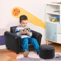 HOMCOM Ensemble Fauteuil et Pouf Enfant Style Contemporain Structure Bois revêtement synthétique PVC Noir(m-2)