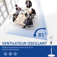 HOMCOM Ventilateur sur pied hauteur réglable oscillant 85° 3 vitesses 50 W avec écran LED télécommande minuterie Ø 42 cm blanc(m-6)