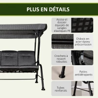 Outsunny Balancelle de Jardin 3 Places Grand Confort Toit Inclinaison réglable épais Coussins Amovibles Polyester Acier époxy Gris Noir(m-7)