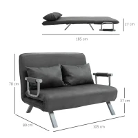 HOMCOM Canapé-lit 2 places, fauteuil convertible avec dossier réglable en 5 positions, chaise longue avec 2 coussins inclus, canapé en revêtement aspect suède déhoussable, 111x80x78cm, gris foncé(m-3)