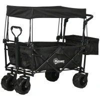 Outsunny Folding Trolley Cart Storage Wagon Beach Trailer 4 Wheels with Handle Overhead Canopy Cart Push Pull for Camping, Black(m-1)