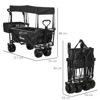 Outsunny Folding Trolley Cart Storage Wagon Beach Trailer 4 Wheels with Handle Overhead Canopy Cart Push Pull for Camping, Black(m-3)