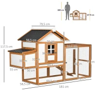 PawHut Galinheiro de Madeira para Exterior para 2-4 Galinhas com 2 Poleiros Ninho Bandeja Amovível e Rampa 181x79,5x117,5cm Madeira(m-3)