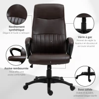 Vinsetto Fauteuil de bureau chaise de bureau ergonomique assise rembourré dossier haut pivotant à 360° réglable en hauteur simili cuir marron(m-7)