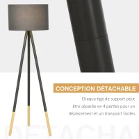 HOMCOM Lampadaire trépied style scandinave bois de caoutchouc gris dim. 52L x 52l x H153 cm(m-6)