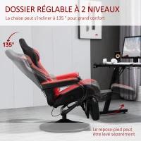 HOMCOM Fauteuil Gaming fauteuil de relax inclinable pivotant avec Repose-Pied rétractable - Coussins lombaires, tétière Inclus - revêtement synthétique Rouge Noir(m-4)